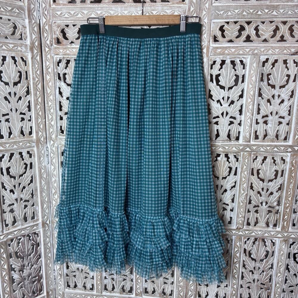 Anthropologie Tiered Ruffle Tulle Midi Skirt Medium Gingham Romantic Cottagecore